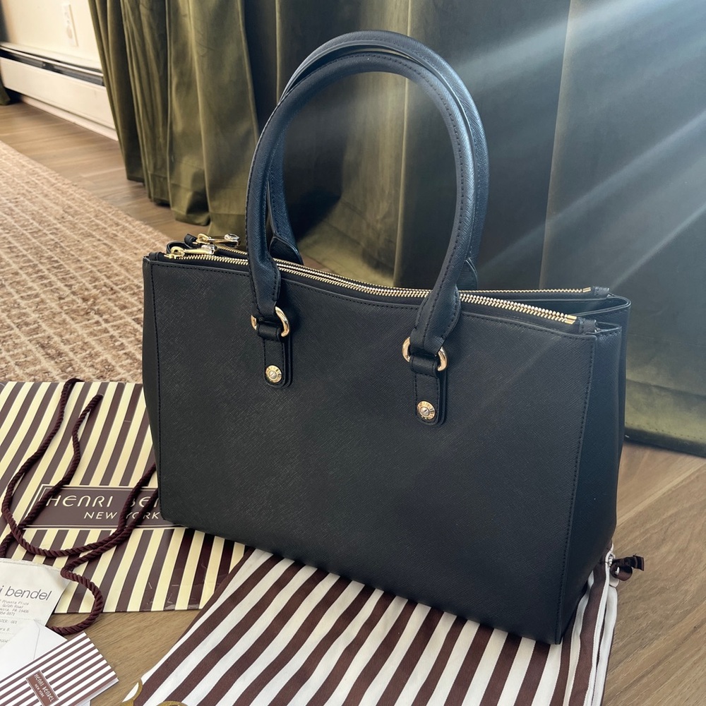 Henri Bendel Black West 57th Carryall Satchel with Gold Accents - Picture 12 of 14